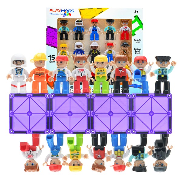 Playmags Large Magnetic Figures Community Set of 15 Pieces – 3” Play People Perfect for Magnetic Toys Building Blocks - STEM Learning Toys for Kids – Magnet Tiles Expansion Accessories Pack