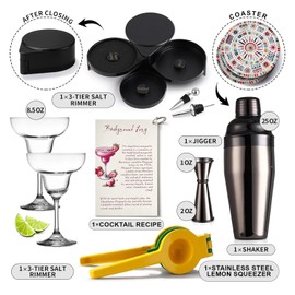 Margarita Kit - Set of 2 Margarita Glasses (8.5oz), 3-Tier Salt Rimmer, Stainless Cocktail Shaker & Jigger, Coasters，Cocktails Cards，Citrus Squeezer and More - Margarita Kit Gift Set