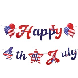 4th of July Banner, Pre-Strung Red White Blue Happy Fourth of July Banner America Independence Day Patriotic Party Decorations for Home Office Decorations