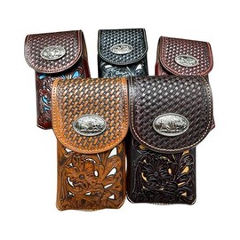 Leather Phone Belt Holster Floral Cowboy Praying at Cross - Color: Black & White