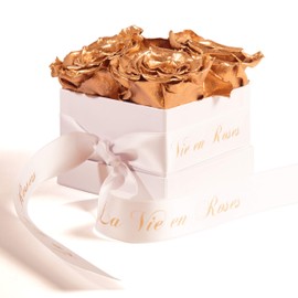 Rosemarie Schulz® Preserved Rose - Flowers Shelf Life for 3 Years - in White Flower Box with Satin Ribbon in Red and Gold Lettering "La Vie en Roses" (Gold)