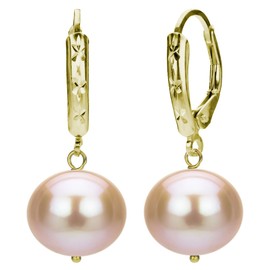 Pink Cultured Freshwater Pearl Dangle Earrings 14K Yellow Gold Leverback 12-12.5mm