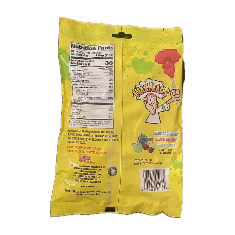 Warheads Lollipops I Blue Raspberry, Black Cherry, Green Apple, 10