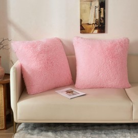 26x26 Fluffy Faux Fur Euro Throw Pillow Covers, Set of 2 Shaggy Fuzzy Comfy Euro Sham Covers with Zipper, Luxury Plush Furry Large Square Cushion Pillow Cases Bed Couch Sofa Chair Office, Pink