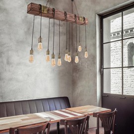 PIAOCAIYIN 10-Lights Rustic Chandelier, Wooden Retro Pendant Light, Hanging Light w/Adjustable Chain, Ceiling Mount Industrial Chandelier for Kitchen Island, Dining Room, Entryway