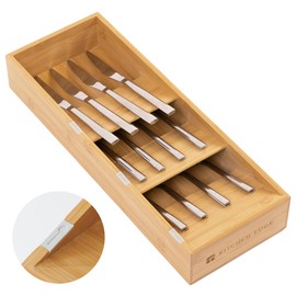 KitchenEdge Premium Cutlery, Flatware, and Silverware Drawer Organizer – Slanted 3-Compartment Design with Labeled Slots, Non-Slip Feet, 100% Sustainable Bamboo