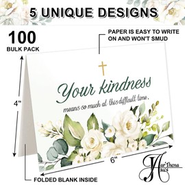 JarThenaAMCS 100 Pack Funeral Thank Your Cards with Envelope Sticker Watercolor White Floral Sympathy Flower Cross Bereavement Card with Message for Memorial Service Loves Ones Celebration of Life