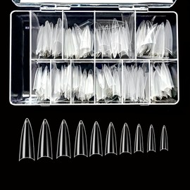 BeYou Clear Long Stiletto 500pcs False Fake Gel Nail Tips,10 Sizes With Clear Plastic Case For Nail Salon Nail Shop