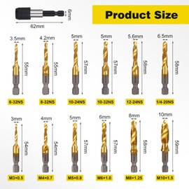 HSEAMALL 13pcs Combination Drill Tap Bit Set, Screw Tapping Threading Tools SAE 6-32NC to 1/4-20NC,Metric M3 to M10 Thread Taps with Quick Change Adapter