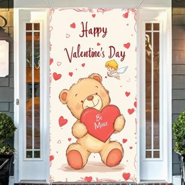 BlissYard Valentine's Day Door Cover Lovely Bear Red Heart Banner 71 * 35inchs Happy Valentine's Day Party Photo Background Banner for Home and Party Supplies Party Festival Hanging Decoration