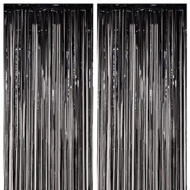 Voircoloria 2 Pack Black Foil Fringe Backdrop Curtains, Tinsel Streamers Birthday Party Decorations, Fringe Backdrop for Graduation, Baby Shower, Gender Reveal, Disco Party