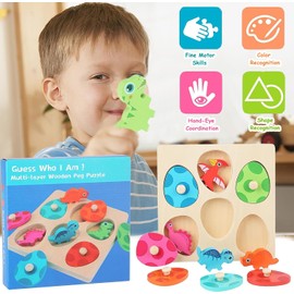 Goorder Wooden Puzzle Toy from 1 Year Children, Montessori Toys Dinosaur Jigsaw Wooden Toy Puzzle Game Gift for 2 3 Years Baby Girls Boys Christmas Birthday