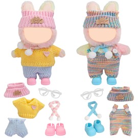 17cm Doll Clothes - 10PCS Cute Dolls Clothes and Shoes,Hat, 6.7 Inches Woolen Crochet Suit,Strap Jumpsuit, with Scarf Glasses - Adorable Pink Blue Dolls Accessories (NoDoll)