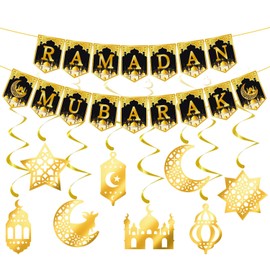 DWEARTY Ramadan Mubarak Banner and 8 Ramadan Hanging Swirl Decorations - Black and Gold Ramadan Mubarak Decoration Sets for Home, Party, and Office