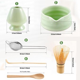 Roczential 5-Pack Matcha Set with Matcha Whisk Stand, Bamboo Matcha Whisk, Bowl with spout, Bamboo Matcha Spoon and Stainless Steel Sieve, Matcha Tea Set (Green)