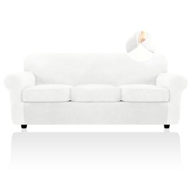 FestiCorp Velvet Sofa Cover, Couch Covers for 3 Cushion Couch Sofa Slipcovers for Sofas with 3 Cushions, Stretch 4 Piece Couch Cover, Thick Furniture Covers for Dogs Pets, Sofa, Off White