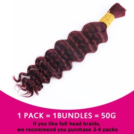 Deep Wave Human Braiding Hair for Boho Braids 99j Bulk Human Hair for Braiding Brazilian Wet and Wavy Curly Human Hair Braiding Hair Extensions No Weft Bundles for Braiding 22 inch 1 Bundle 50g