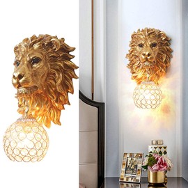 Pobllem Living Room Wall Lighting Gold Baroque Crystal Glass Wall Sconce Resin Lion Head Design Modern Luxury Wall Mount Lights for Bedroom Stairs Hallway Porch, E26 Base (A)
