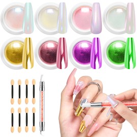 Gold Chrome Nail Powder BISHENGYF -【Fairy Effect】Pink Chrome Nail Powder White Pearl Aurora Mermaid Iridescent Rose Gold Red Nail Chrome Powder Metallic Mirror Glitter Pigment Dust for Nail Art DIY