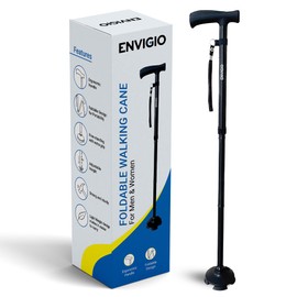 Envigio Foldable Walking Cane for Men & Women | Free Standing Cane | Pivot Tip, Heavy Duty | Height Adjustable | Comfortable T Handles | Fold up Aluminum Cane | Walking Sticks for Seniors | Black