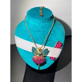 BETSEY JOHNSON FAIRY BALLERINA MOVABLE GOLD CRYSTAL PIN/ PENDANT LEATHER CORD