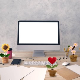 JOONOR 3PCS Mini Crochet Sunflower Potted Plant,Knitted Fake Plum Blossom for Bathroom Home Kitchen Rustic Table Centerpiece Shelf Decor