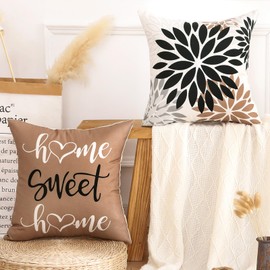 Cushion Covers, Brown, Black, Dahlia Flowers, Autumn Cushion Cover, 45 x 45 cm, Cushion Cover, Sofa Cushion, Decorative Cushion Cover for Couch, Living Room, Bedroom, Outdoor Decoration, Set of 2