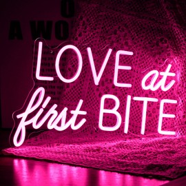 Love At First Bite Neon Sign Led Pink Words Neon Light Sign Wall Art Neon Light For Wedding Light Up Sign For bedroom Bar Pub Party 15.7"X10.2"）