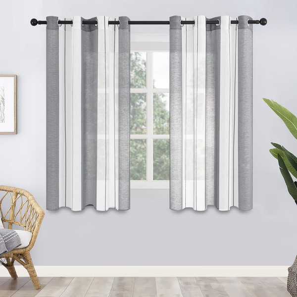 Mrtrees Voile Curtains, Semi-Transparent Short Striped Eyelet Curtain, Large, Modern Home Style, White+Grey, Decoration, Children's Room, Living Room, Bedroom, Set of 2, 160x140 cm (HxW)