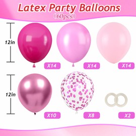 EWODEIEW Pack of 60 12 inch pink balloons, dark pink balloons, light pink latex balloons, metallic pink balloons, pink sequin balloons, birthday decorations for girls