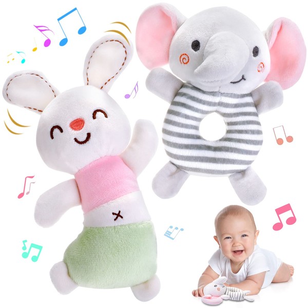 Baby Rattle Toys for 0-6 Months - 2Pcs Newborn Soft Rattles Ring Elephant Sensory Plush Toy Set for 0 3 6 9 12 Month Infant Boys Girls Shower Gift (Elephant/Bunny)