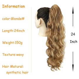 KETHBE 24 Inch Long Body Wave Ponytail hair Extension Synthetic Heat Resistant Wrap Around Drawstring Curly Wavy Ponytail Hairpieces for Women(Blonde Mix Brown)