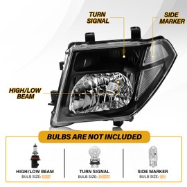 Headlight Assembly Compatible with Nissan 2005-2008 Frontier / 2005-2007 Pathfinder, Halogen Headlamp Replacement Pair for 26060EA525 26010EA525, w/o Bulb, Black Housing Clear Lens White Corner