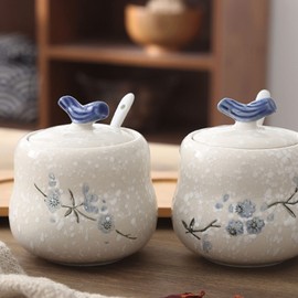 DELICK Spices Jars,Plum Bossom Sugar Bowl with Lid,Chinese Sugar Pot,Sugar Container Spice Jar,Seasoning Jar-snowflake1-400ml Pot(Color:Snowflake 2,Size:400ml) (Color : Snowflake1, Size : 400ml)