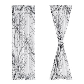 FMFUNCTEX Black Sidelight French Door Panels 72 Inches Long White Semi-Sheers, Morden Tree Branch Print Curtains for Glass Doors Tieback Included 2 Panels