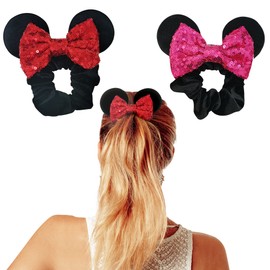 Styla Hair Styla Hair 2pk Mouse Ear Scrunchies, Hot Pink Solid Red - Velvet Hair Bow Scrunchies for Women with Sparkle Sequins, Mickey Mouse Ears for Pony Tail