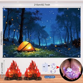 TaoBary 6 Pcs Camping Party Decorations Set Include 1 Camping Backdrop 2 Fake Fire Cardboard 1 Welcome to Our Campsite Banner 2 Camping String Lights with Battery for Camping Hiking Theme Party Decor