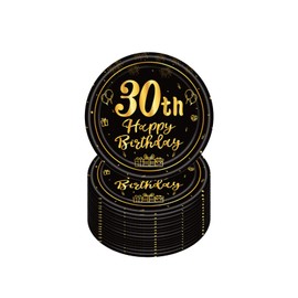 YAAVAAW Happy 30th Birthday Paper Plates 7”Black and Gold,16Pcs Disposable Tableware Party Plates,Happy 30th Birthday Decor Plates for ,,Him,Her 30th Birthday Party Supplies Table Decor