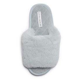 Laura Ashley Womens Plush Faux Rabbit Fur One Band Memory Foam Slide Slippers, Warm Fuzzy Fluffy Open Toe Slides, Frost Grey, Small