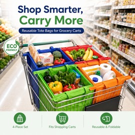 Reusable Shopping Tote Bags for Grocery Carts – 4-Piece Foldable Nonwoven Grocery Bags for Supermarkets, Shopping Trips & Home Storage