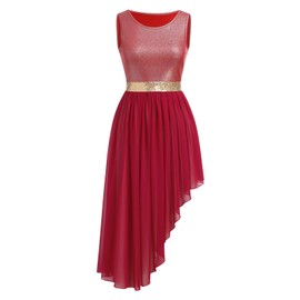 AFAVOM Women Metallic Sequin Praise Dance Dress Asymmetric Ruffle Chiffon Overlay Dress Sleeveless Irregular Hem Liturgical Lyrical Dance Dress Worship Dancewear Costume Wine Red 2XL