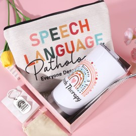 Keluna Speech Therapy Gifts for Women - 3Pcs Speech Therapist Gift Set, 20Oz SLP Tumbler, Speak Language Pathologist Keychain and Makeup Bag, SLP Thank You Appreciation Birthday Christmas Presents