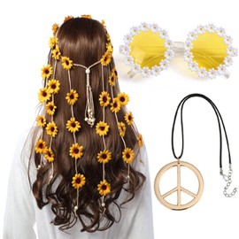 AWAYTR Costume Headwear Set for Women - 3PCS Hippie Accessories - Flower Headband, Gold Peace Sign Necklace, Hippie Sunglasses