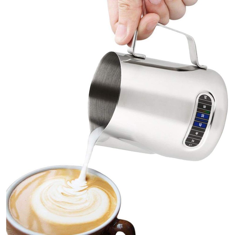 Milk Jug with Thermometer,600Ml Stainless Steel Milk Frothing Pitcher and