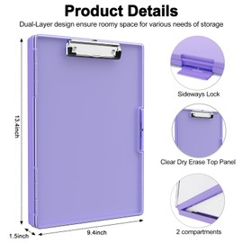 Piasoenc Clipboard with Storage, 8.5x11 Clip Boards with 2 Storage Case and A4 Paper Folder, Clear Dry Erase Top Panel, Heavy Duty Plastic, Folio & Side-Opening, for Nurses, Teachers, Lawers, Purple