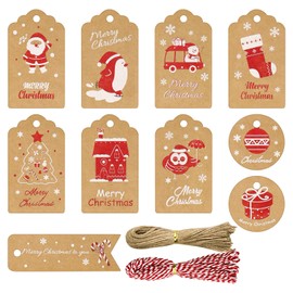 Merry Christmas Tags, 100 Pcs Small Hang Labels with Reinforced Hole and Two Style String, Kraft Paper Gift Tags for Christmas Day