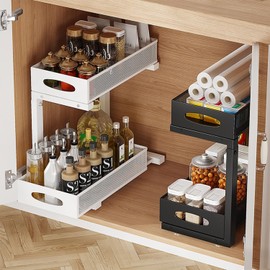 HomeDemeur 2Pack Under Sink Organizer 2 Tier Kitchen Spice racks and Storage – Pull Out Cabinet Organizer for Cleaning Products, Pantry Organization(White)