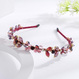 Formery Red Beaded Headband Bling Crystal Rhinestone Hairband Wedding Prom Party Handmade Bead Flower Headpiece for Women and Girls