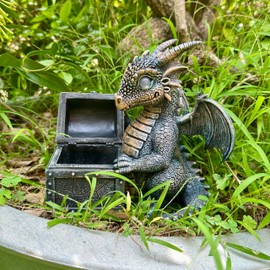 Garden Dragon Statue Solar Powered Outdoor Figurine Light Decor Cute and Hold Glowing Treasure Chest Resin Sculpture Home Decoration for Porch Patio Lawn Farm Yard Housewarming Ornament Gift