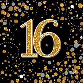 Oaktree Sparkling Fizz 16th 33 x 33 cm 3 Ply Napkins Black and Gold (Pack of 16)